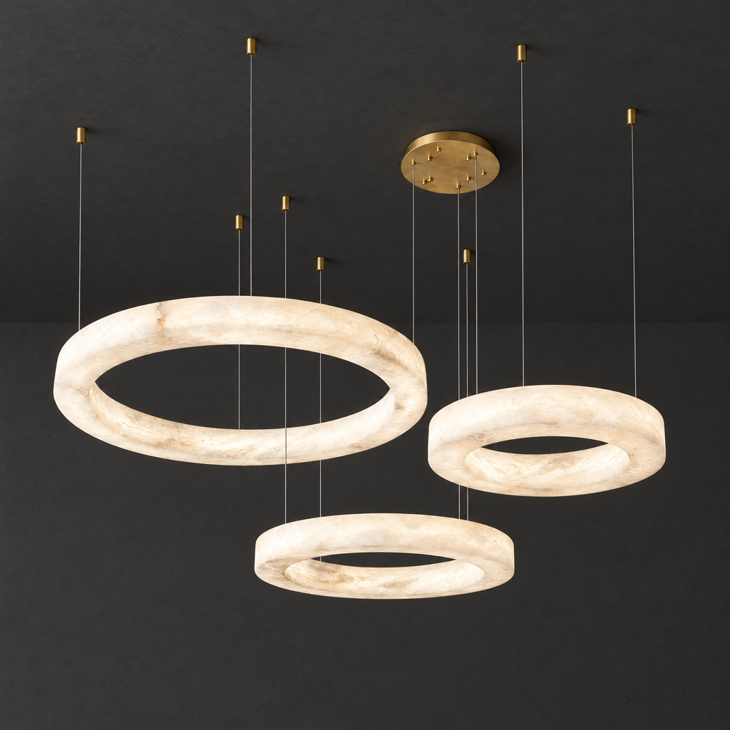 Stacked Three-Ring Alabaster Chandelier on a dark charcoal grey studio ceiling backdrop