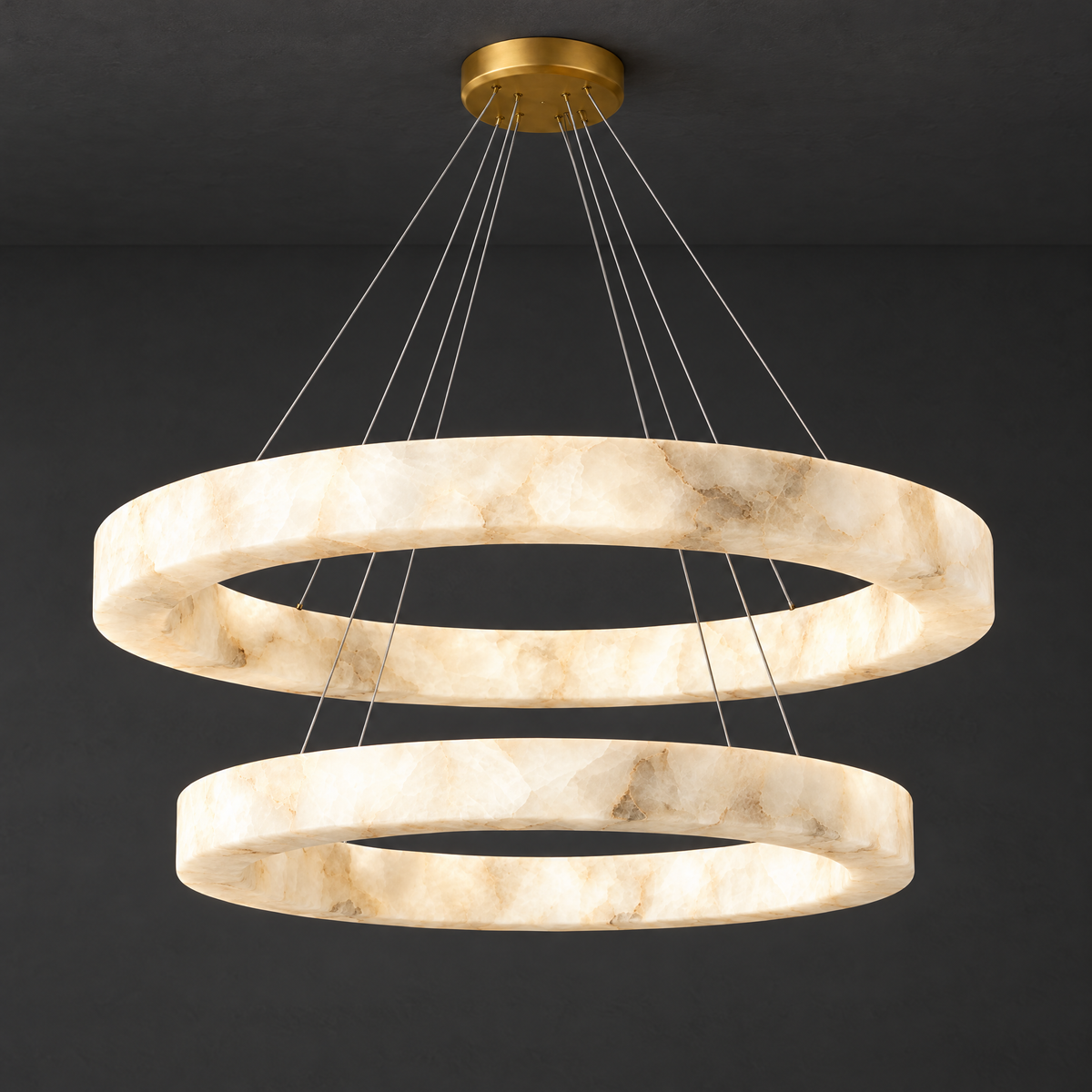 Double-Ring Alabaster LED Chandelier on a dark charcoal grey studio ceiling backdrop