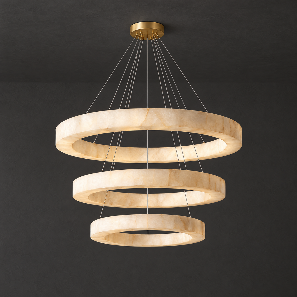 3-Tier Round Alabaster Chandelier on a dark charcoal grey studio ceiling backdrop