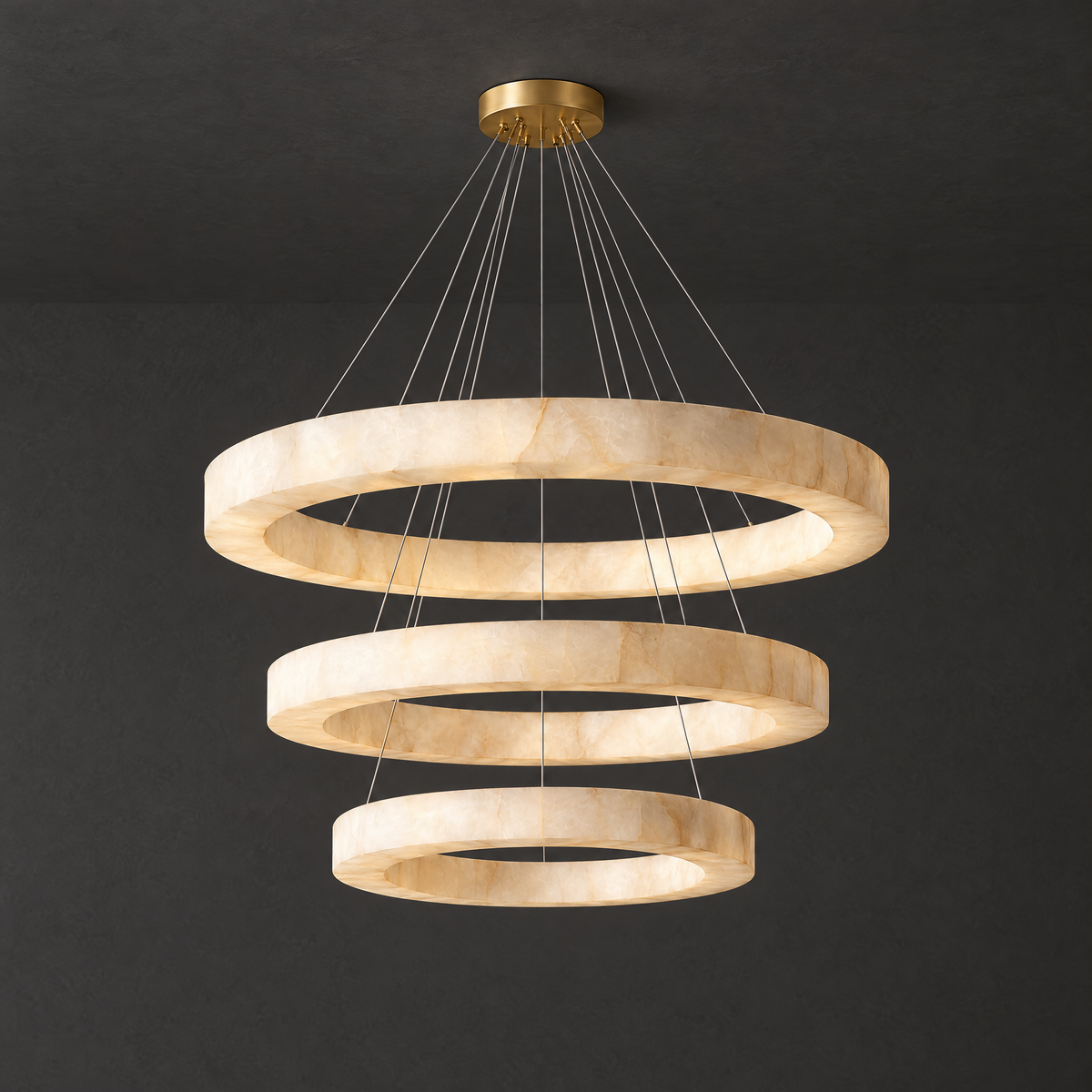 3-Tier Round Alabaster Chandelier on a dark charcoal grey studio ceiling backdrop