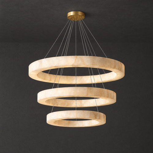 3-Tier Round Alabaster Chandelier on a dark charcoal grey studio ceiling backdrop