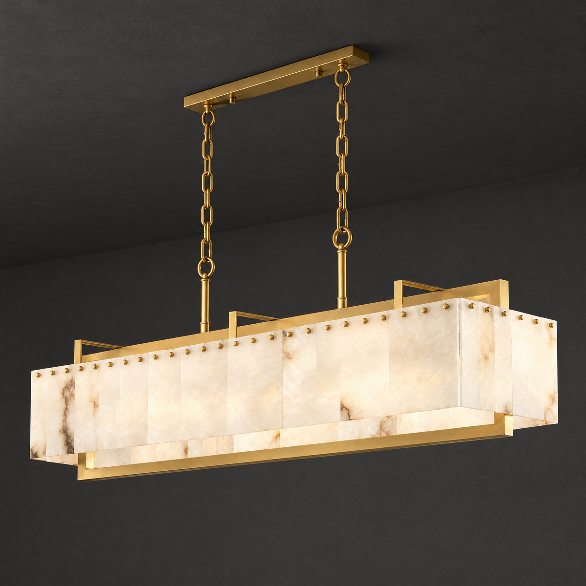 Linear Alabaster Chandelier with Brass Cage on a dark charcoal grey studio ceiling backdrop