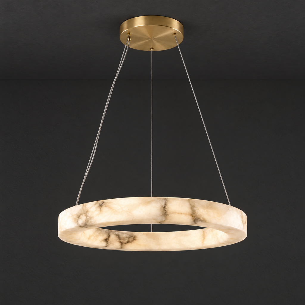 Single-Ring Alabaster LED Chandelier on a dark charcoal grey studio ceiling backdrop