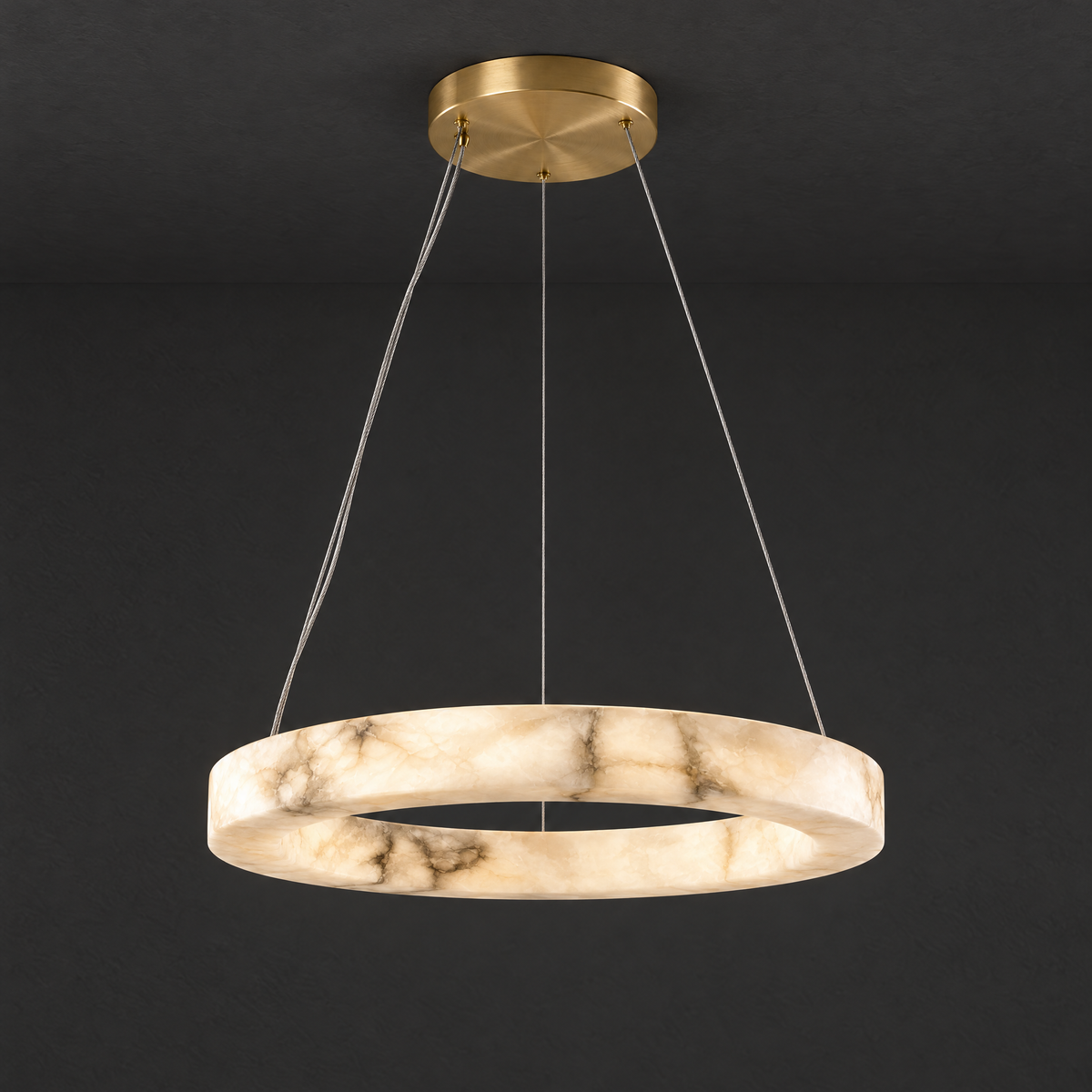 Single-Ring Alabaster LED Chandelier on a dark charcoal grey studio ceiling backdrop