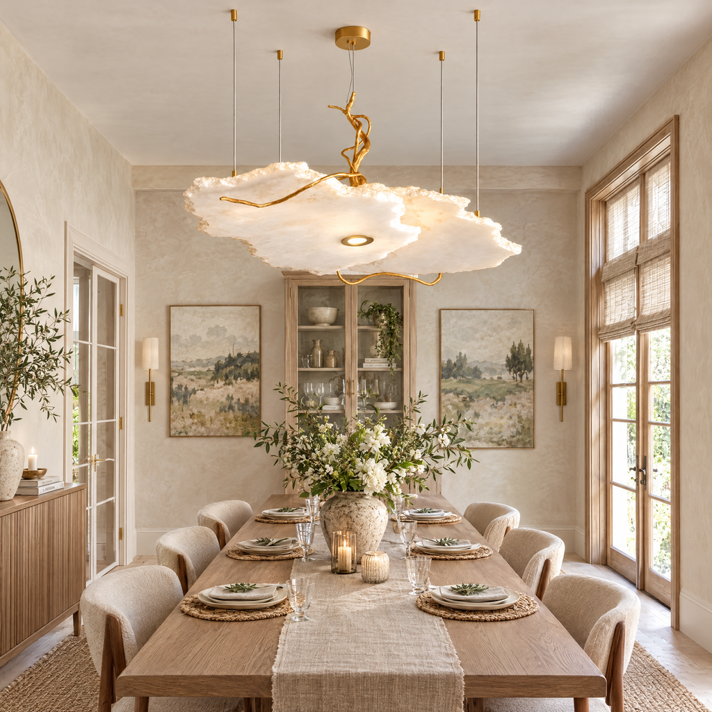 Alabaster Cloud Chandelier with Brass Branch in a styled room setting