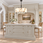 Round Alabaster Chandelier with Black Steel Frame in a styled room setting