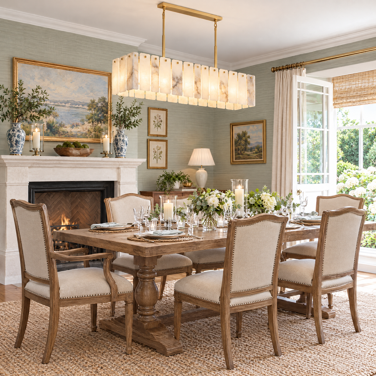 Linear Alabaster Chandelier with Brass Beam in a styled room setting