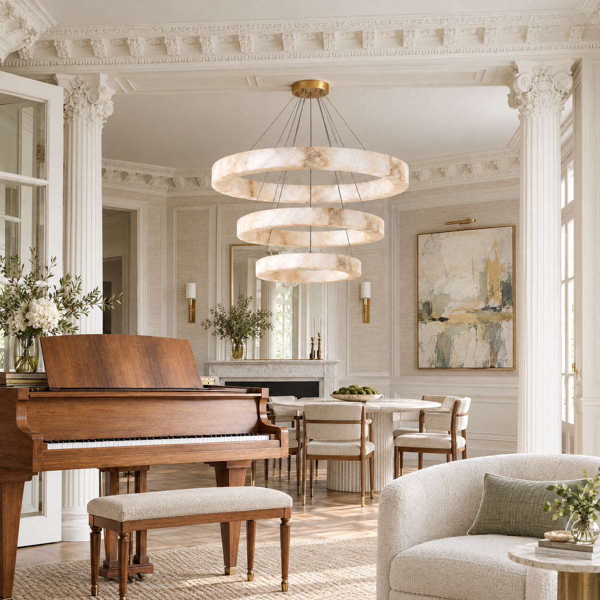 Grand Three-Ring Alabaster LED Chandelier in a styled room setting