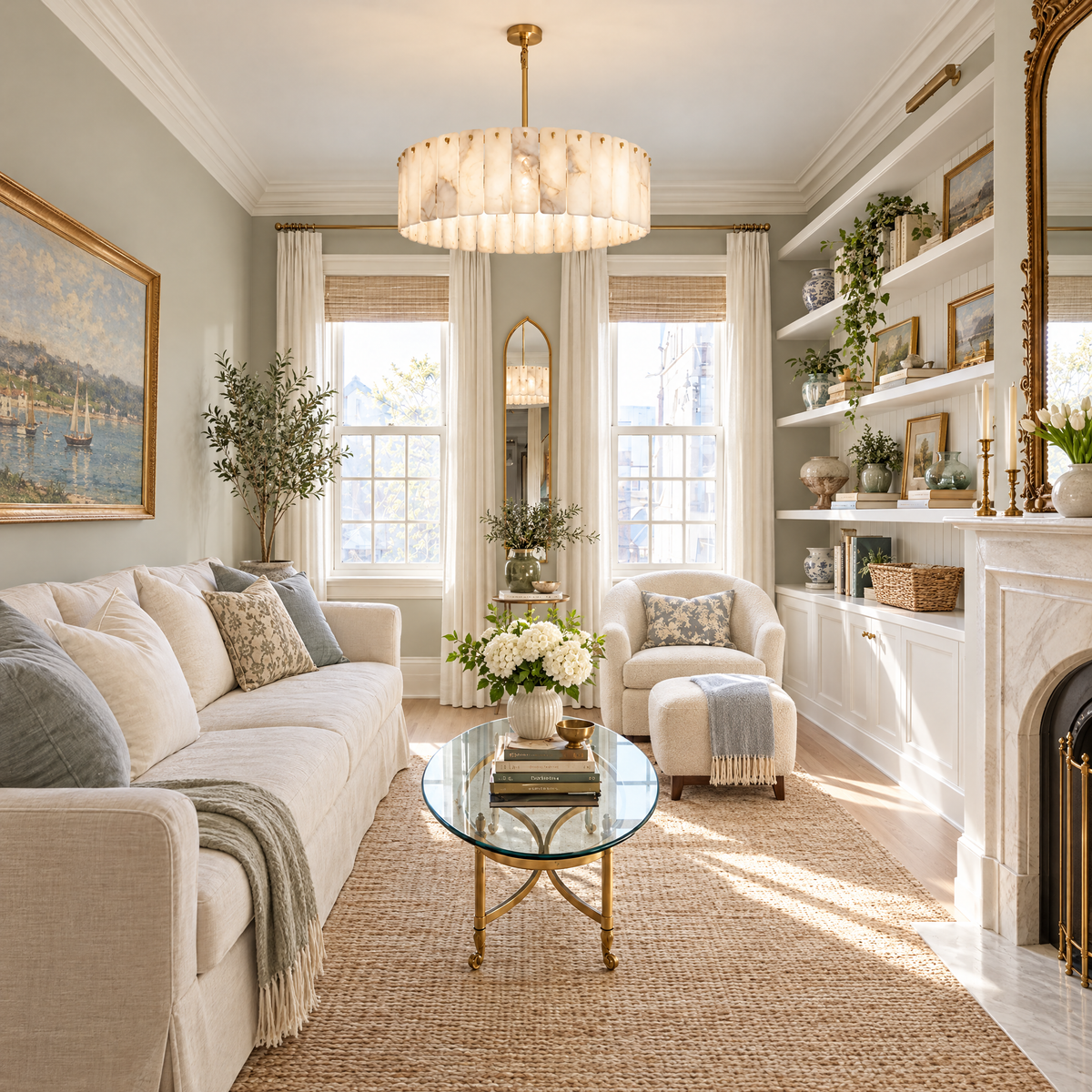 Alabaster Drum Pendant Light with Brass Frame in a styled room setting