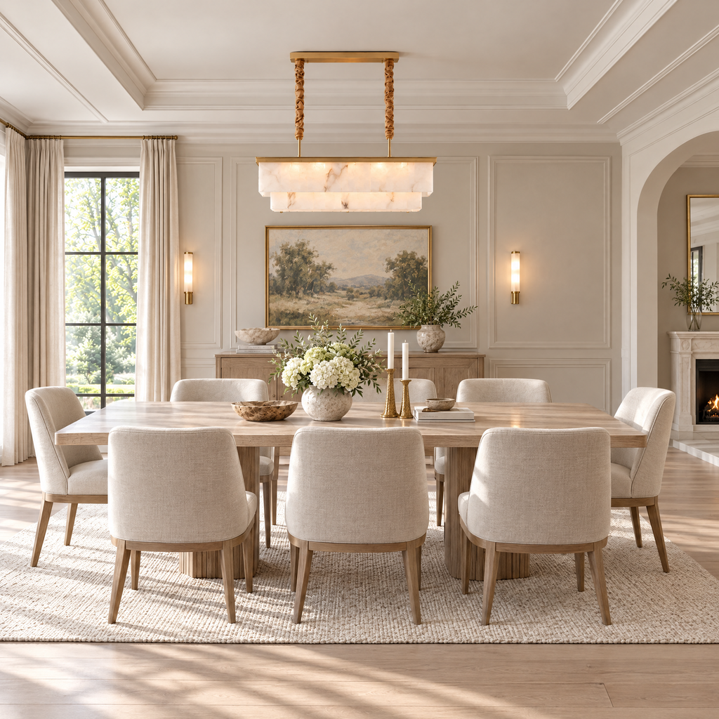 Two-Tier Linear Alabaster Chandelier with Brass Frame in a styled room setting