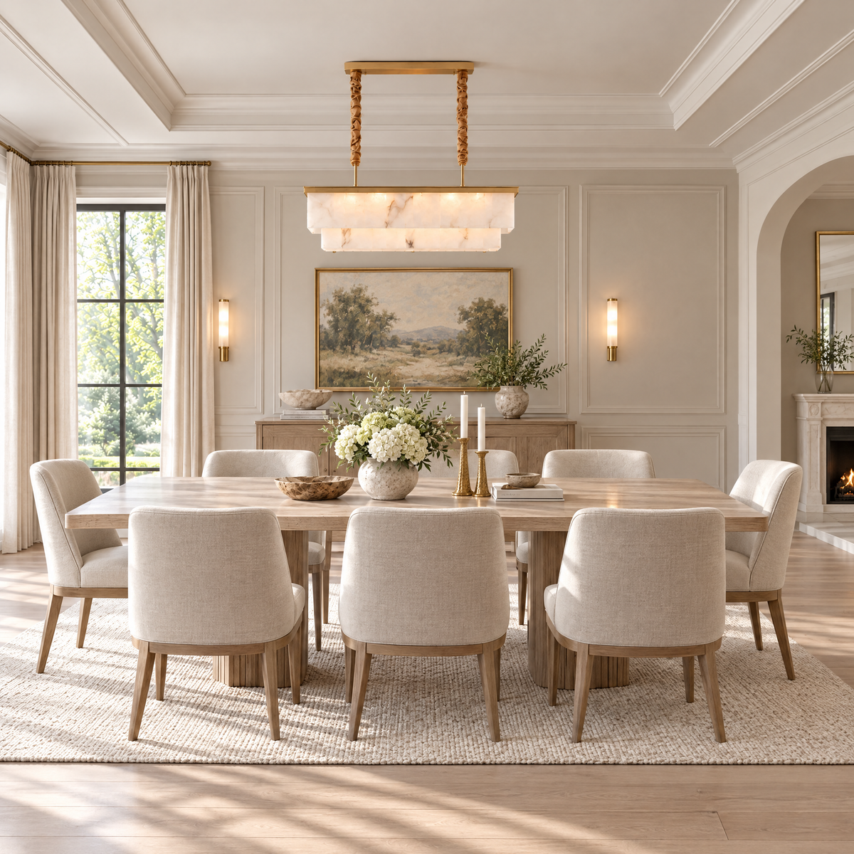 Two-Tier Linear Alabaster Chandelier with Brass Frame in a styled room setting