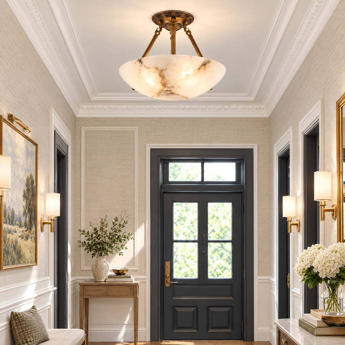 Alabaster Semi-Flush Light with Rose Brass Canopy in a styled room setting
