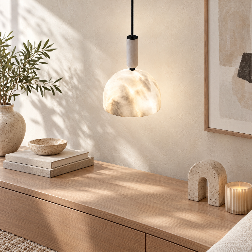 Alabaster Dome Pendant Light with Fabric Cord in a styled room setting