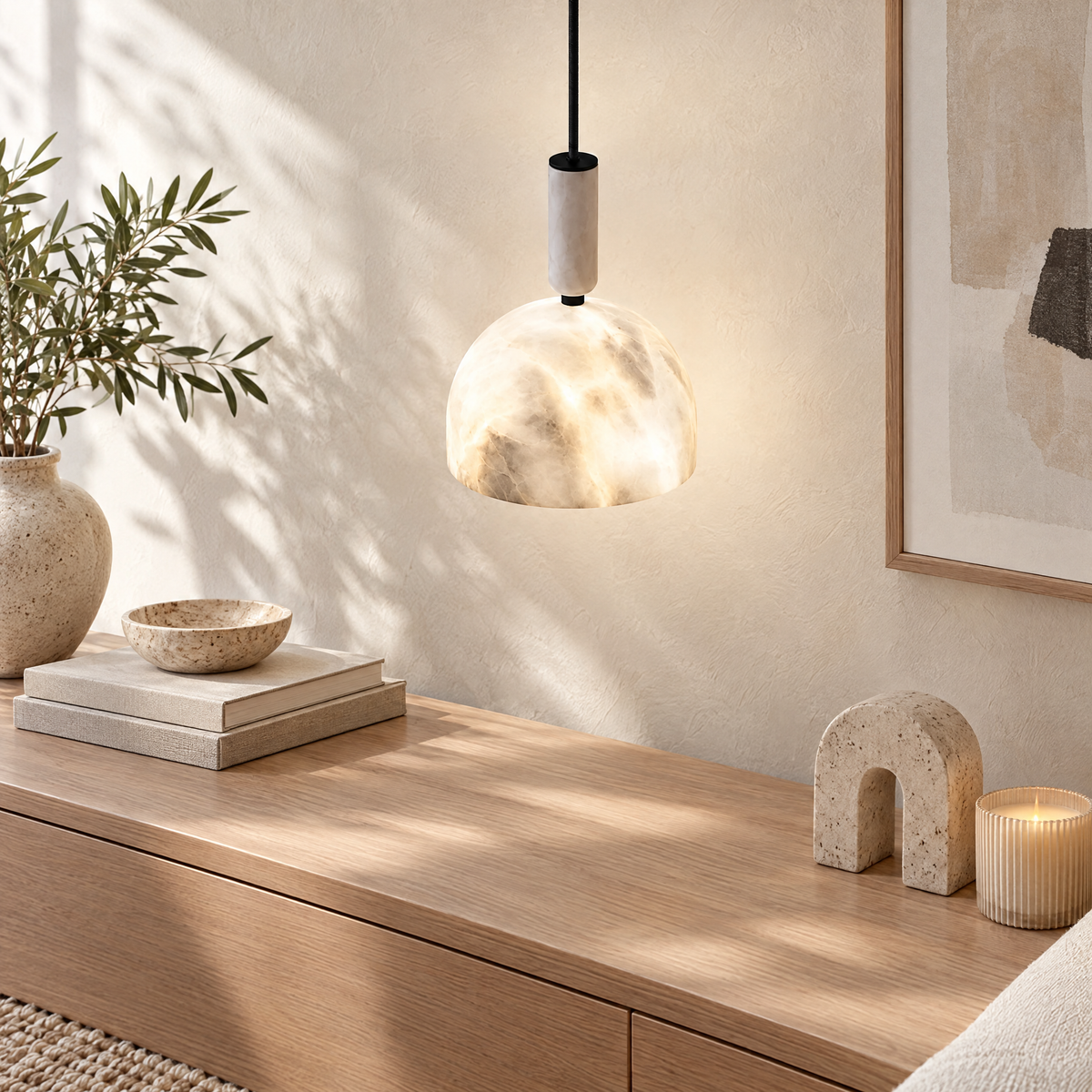 Alabaster Dome Pendant Light with Fabric Cord in a styled room setting