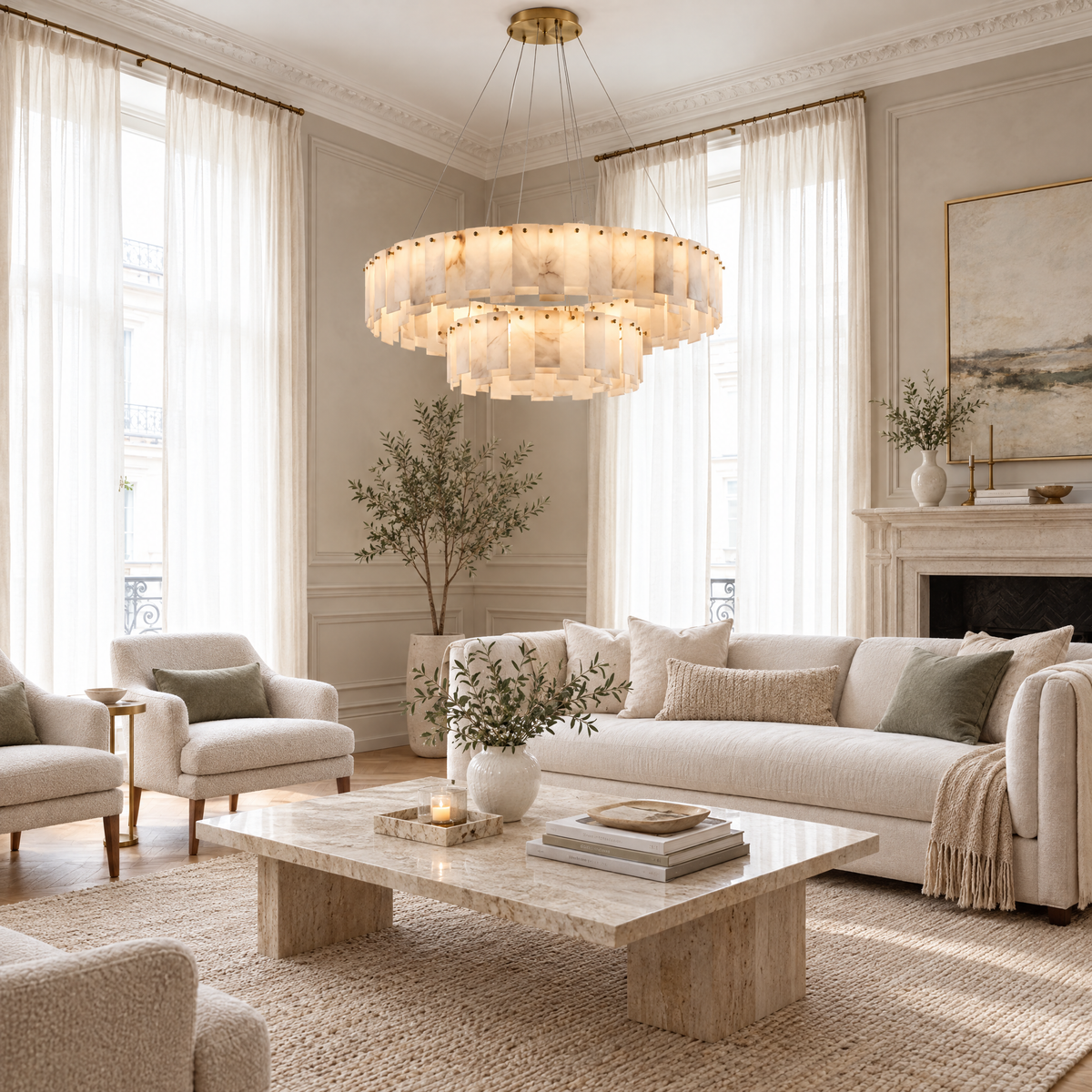 Double-Ring Alabaster Chandelier with Brass Frame in a styled room setting