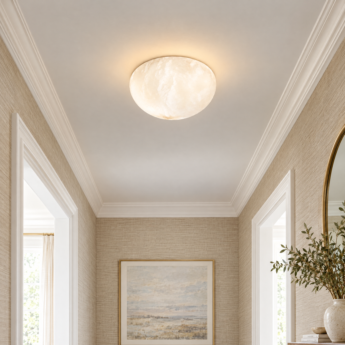 Alabaster Dome Flush Mount Light in a styled room setting