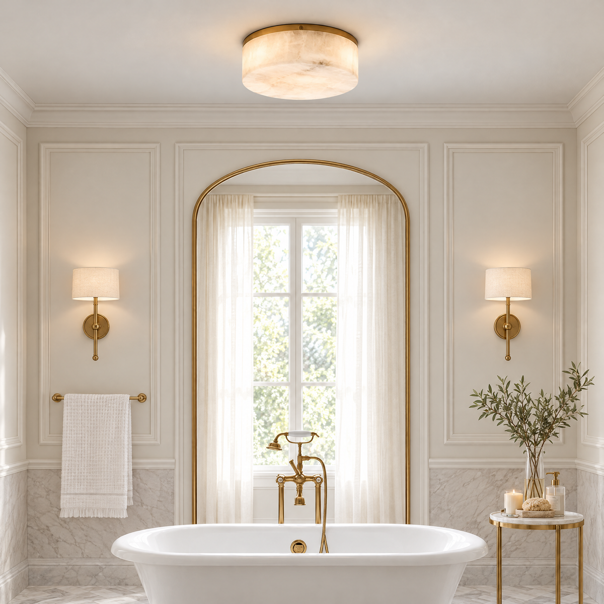 Round Alabaster Drum Flush Mount Light in a styled room setting