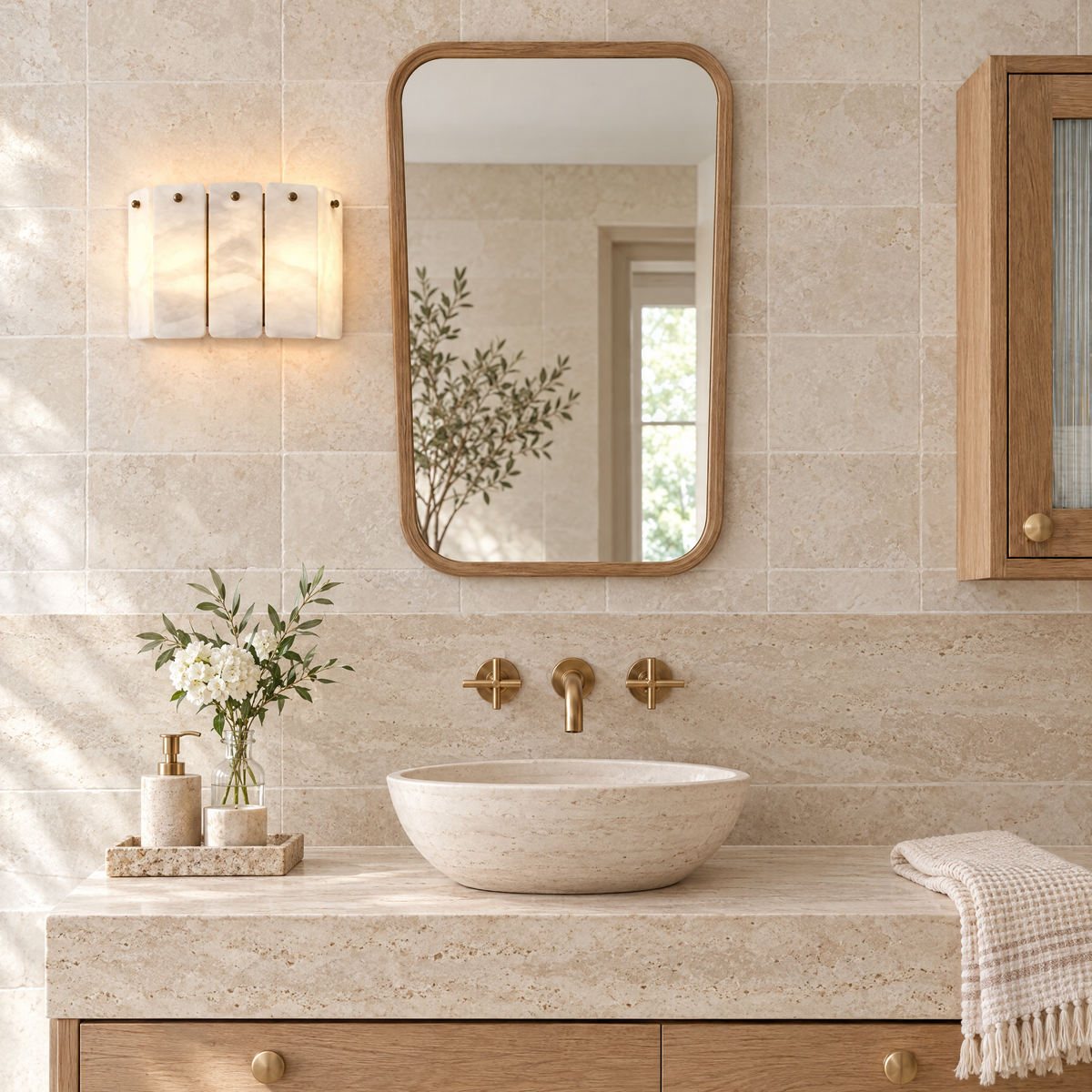 Layered Alabaster Wall Sconce in a styled room setting