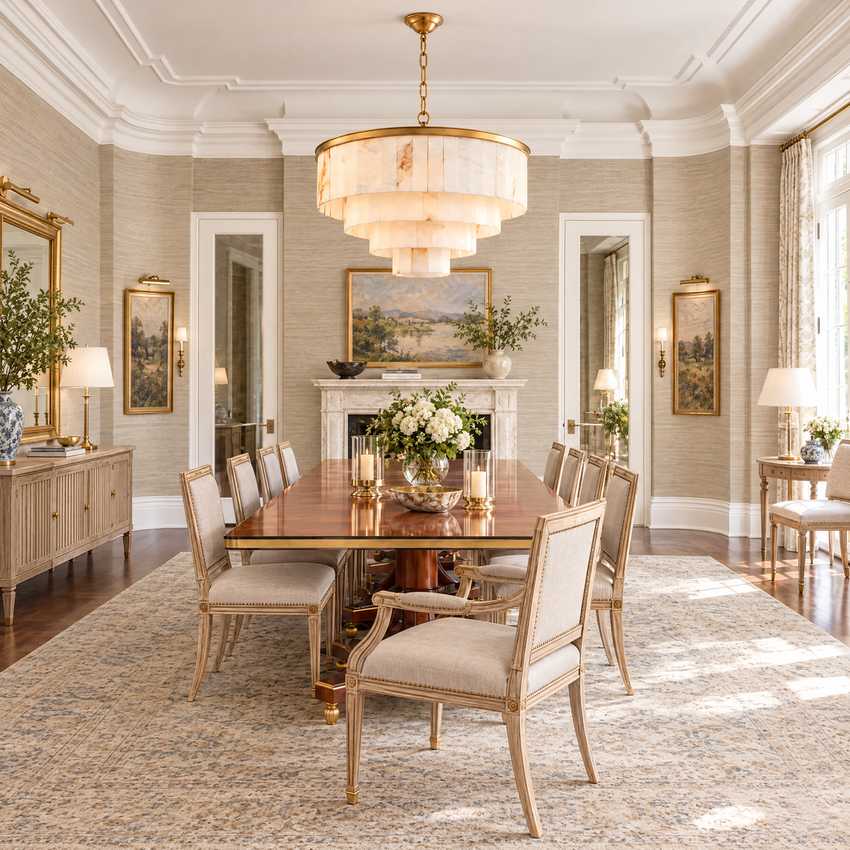Tiered Alabaster Chandelier with Brass Frame in a styled room setting