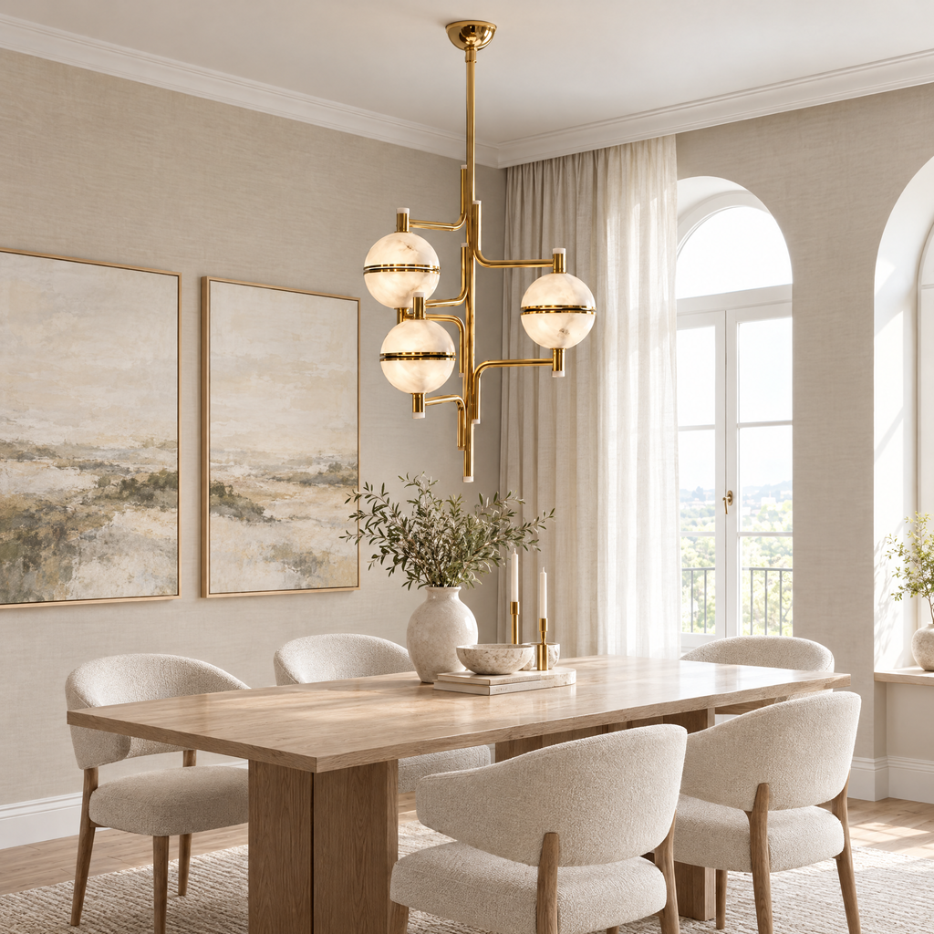 Suspended Alabaster Chandelier for High Ceilings in a styled room setting