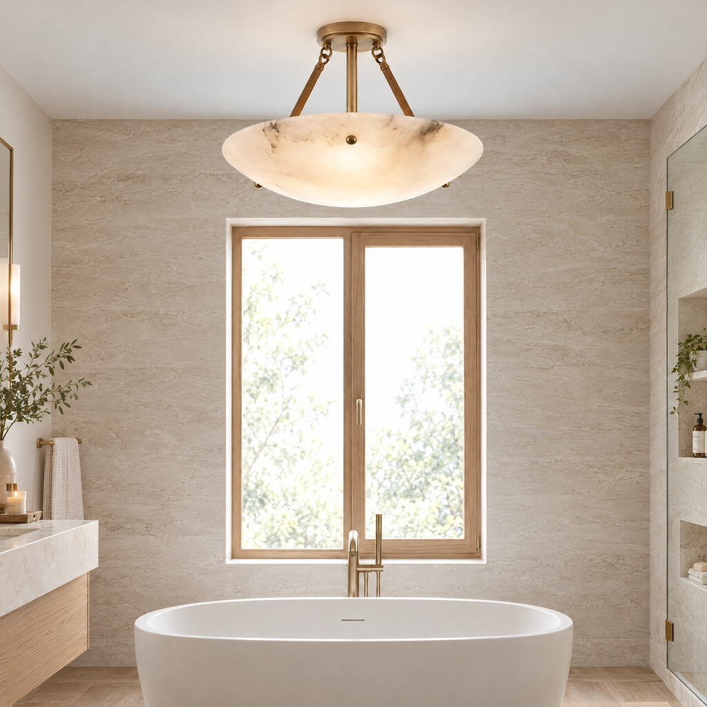 Solid Alabaster Semi-Flush Light with Brass Frame in a styled room setting