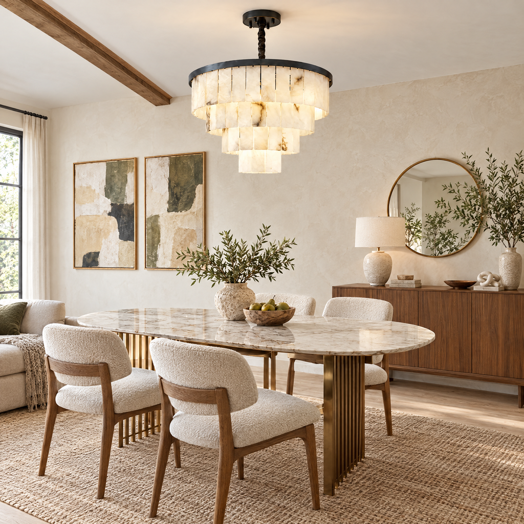 Tiered Alabaster Chandelier with Black Steel Frame in a styled room setting