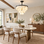Tiered Alabaster Chandelier with Black Steel Frame in a styled room setting