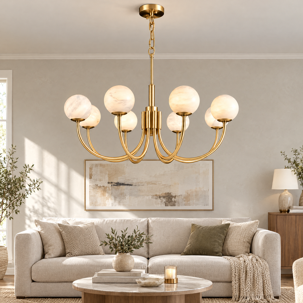 Multi-Globe Alabaster Chandelier in a styled room setting