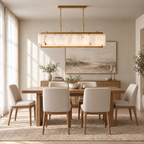 Linear Alabaster Chandelier with Brass Cage in a styled room setting