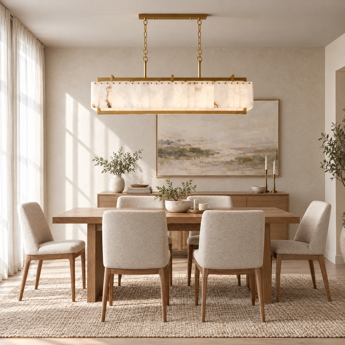 Linear Alabaster Chandelier with Brass Cage in a styled room setting