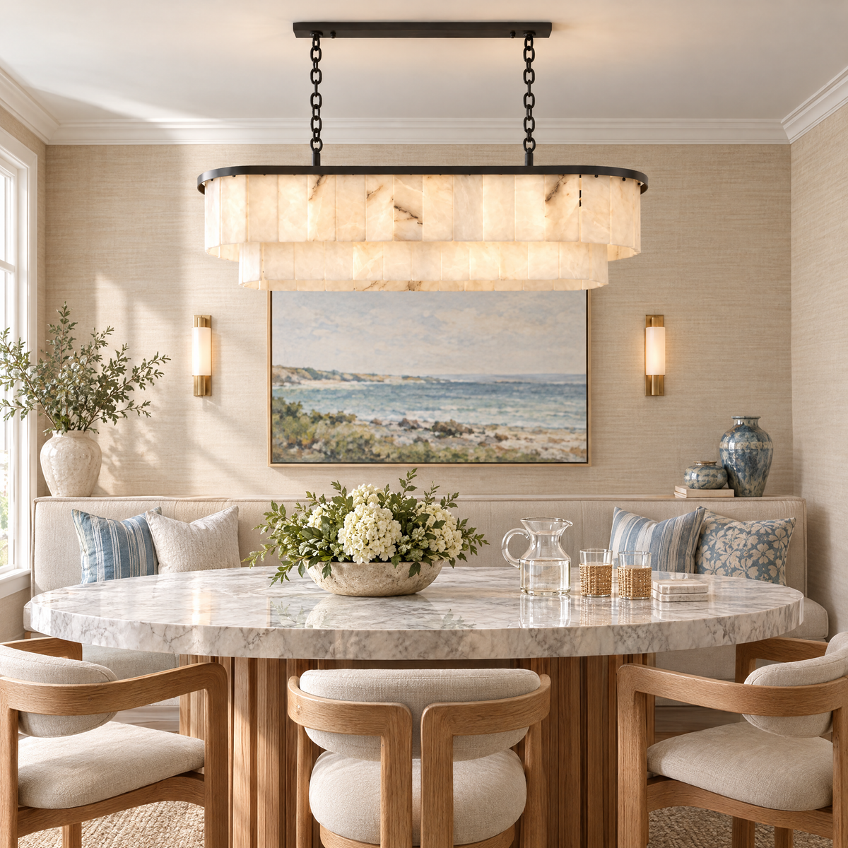 Two-Tier Linear Alabaster Chandelier in Black in a styled room setting