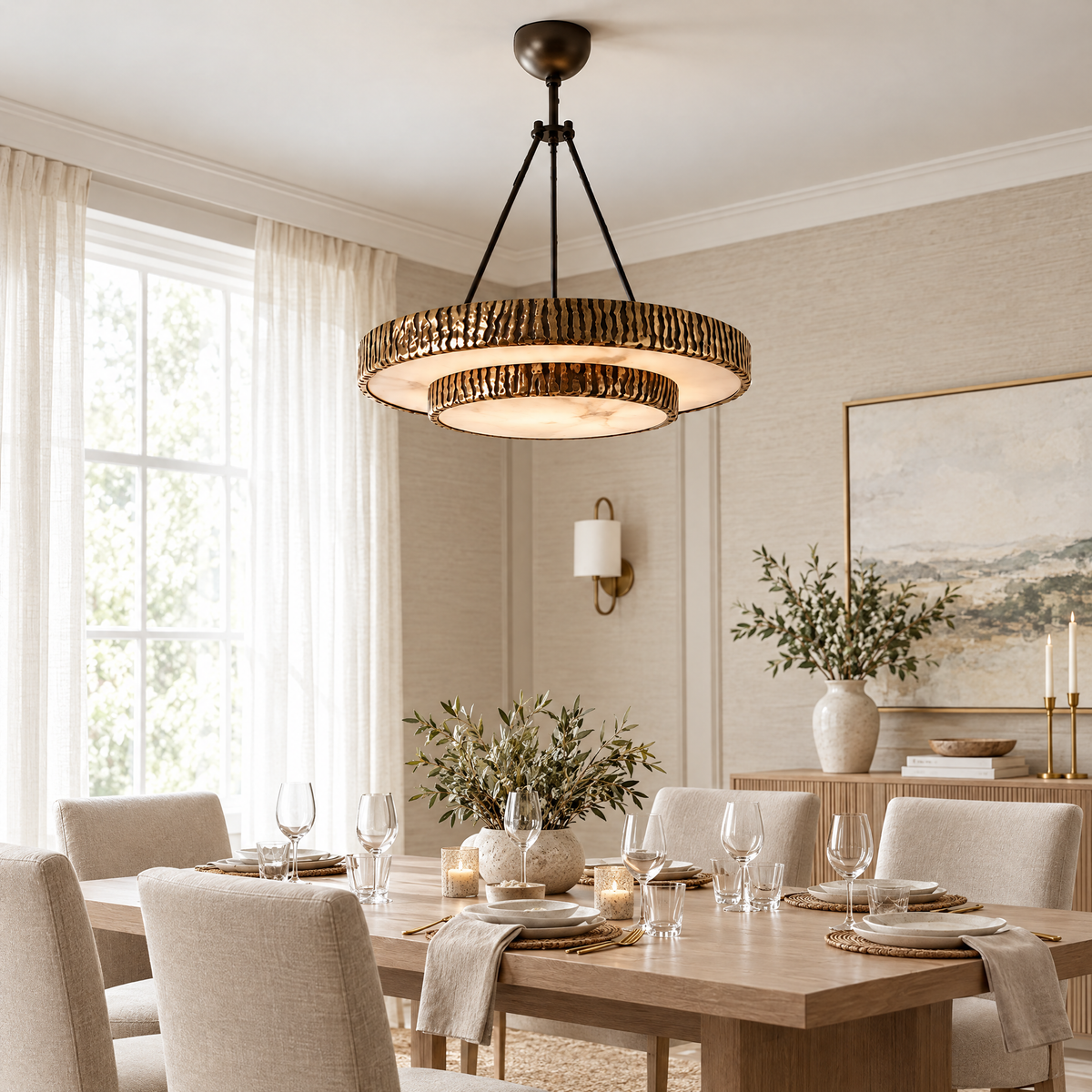 Hand-Worked Brass and Alabaster Chandelier in a styled room setting