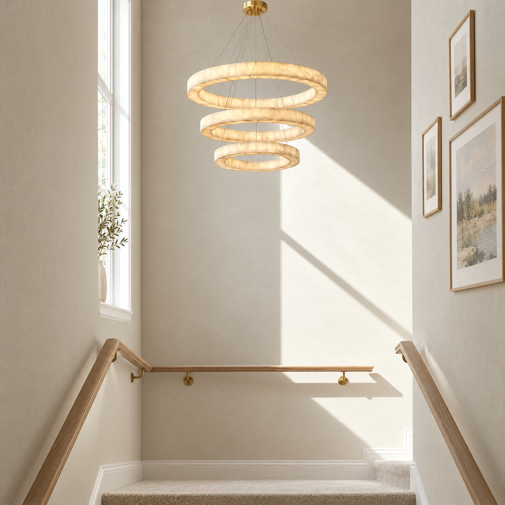 3-Tier Round Alabaster Chandelier in a styled room setting
