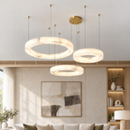 Stacked Three-Ring Alabaster Chandelier in a styled room setting