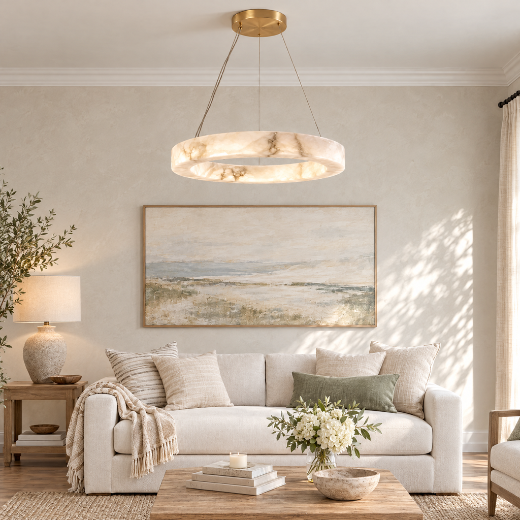 Single-Ring Alabaster LED Chandelier in a styled room setting