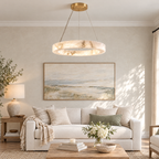 Single-Ring Alabaster LED Chandelier in a styled room setting