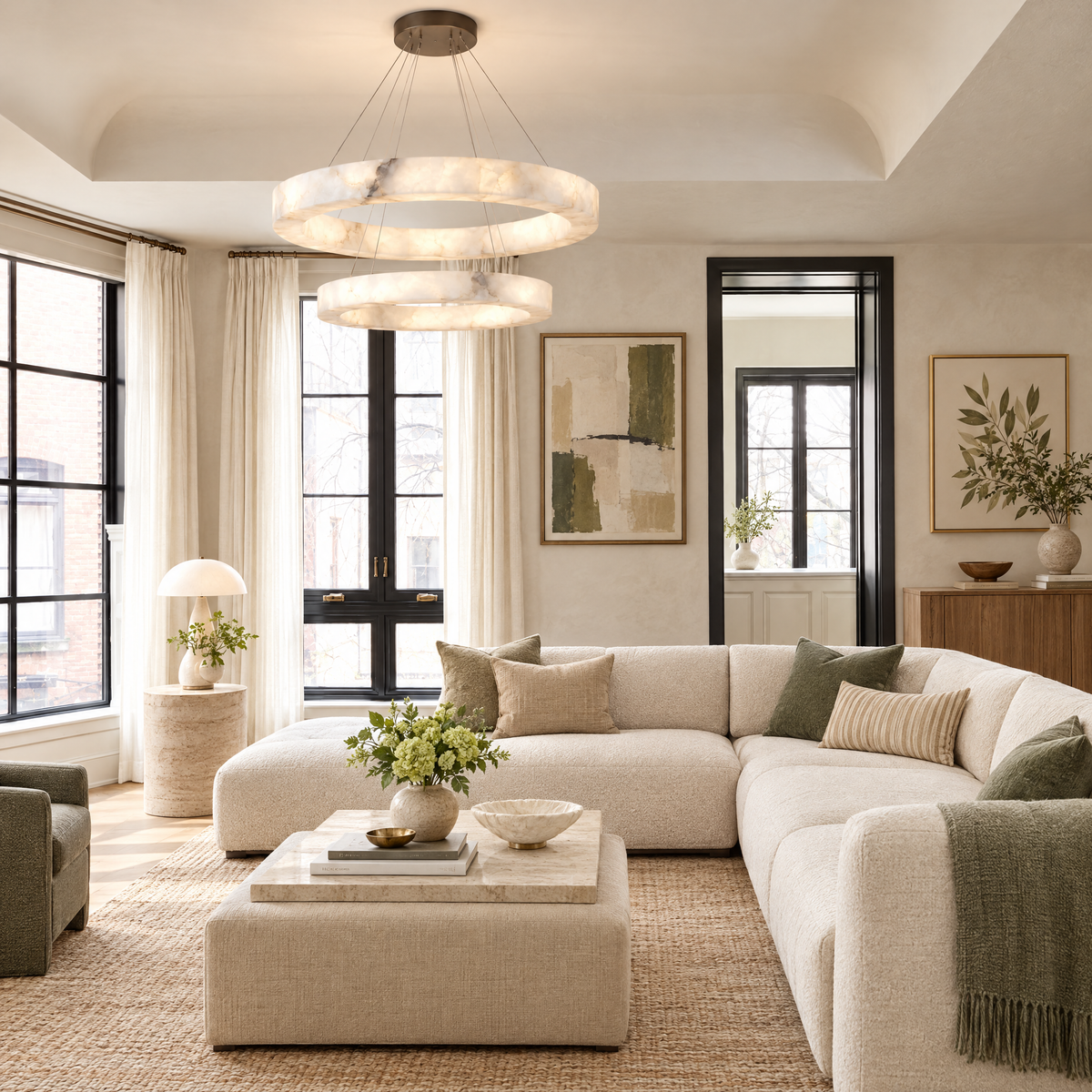 Double-Ring Alabaster LED Chandelier in a styled room setting