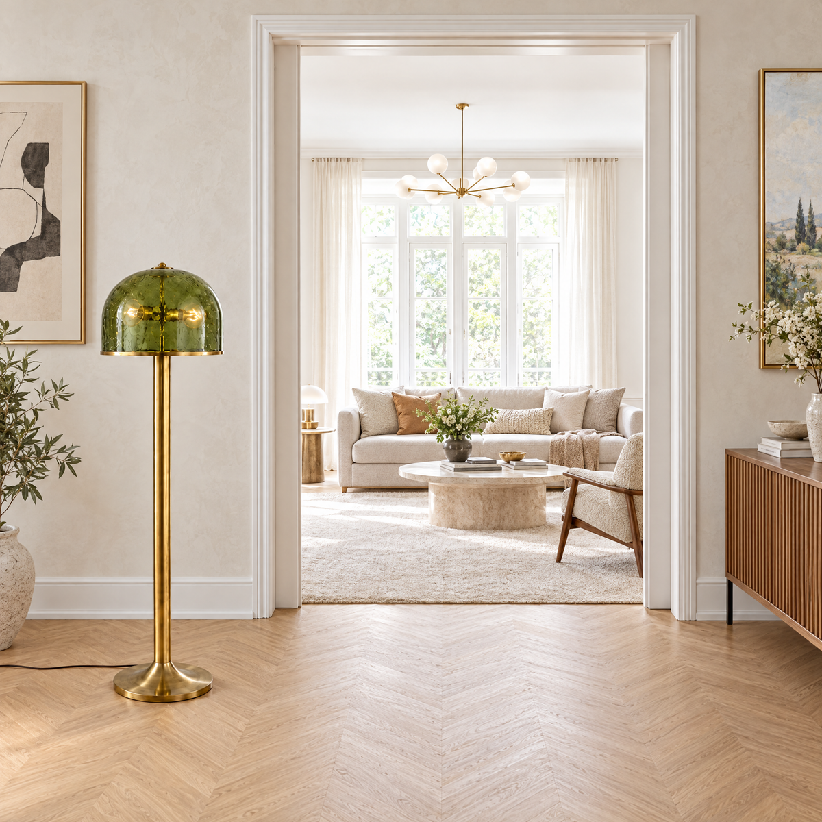 Olive Green Crackle Glass Dome Floor Lamp in a styled room setting