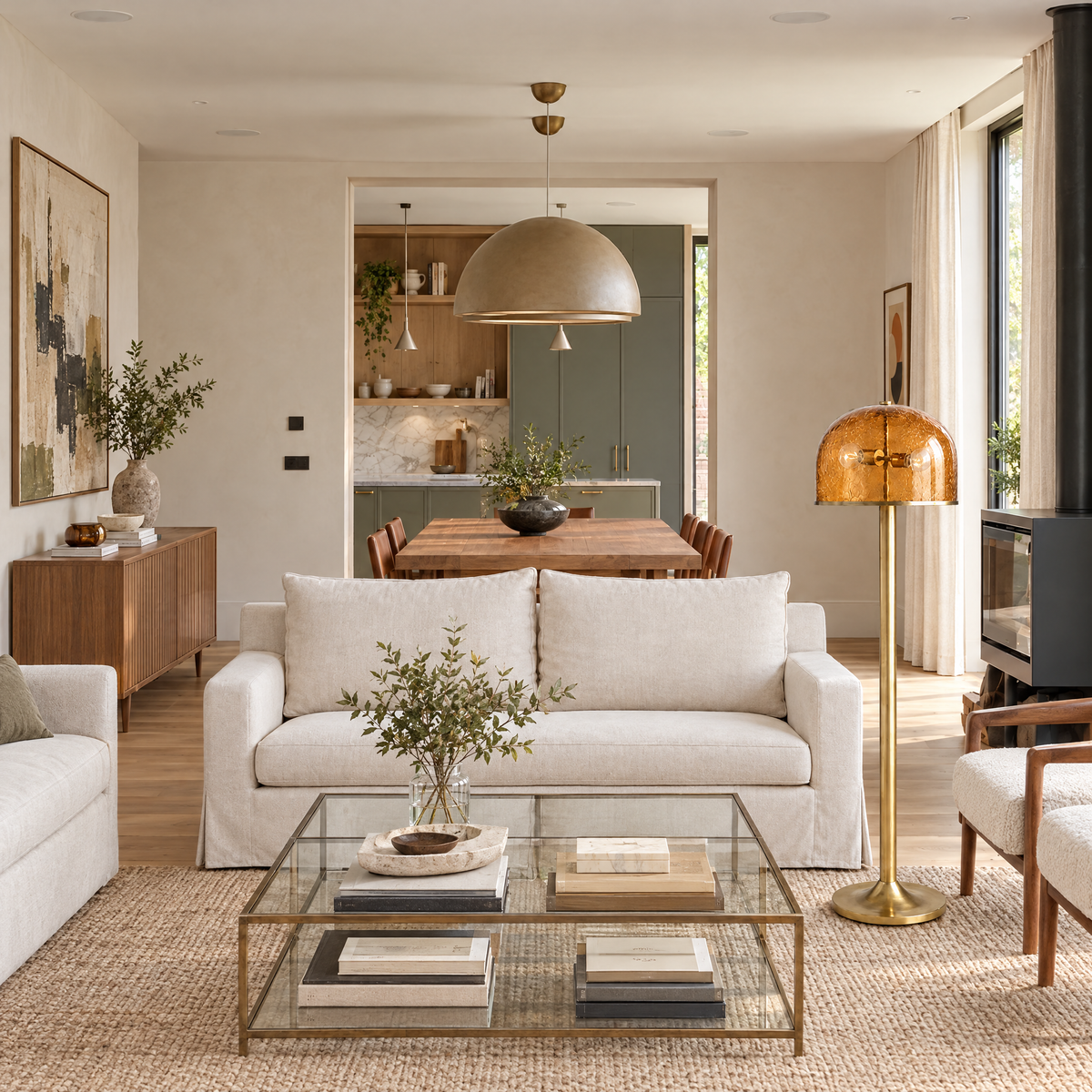 Amber Crackle Glass Dome Floor Lamp in a styled room setting