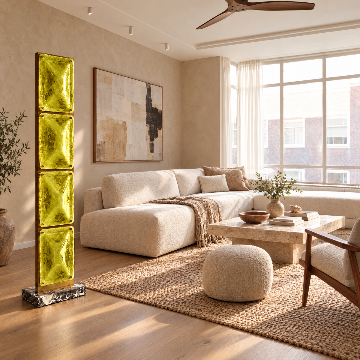 Olive Green Glass Panel Floor Lamp in a styled room setting