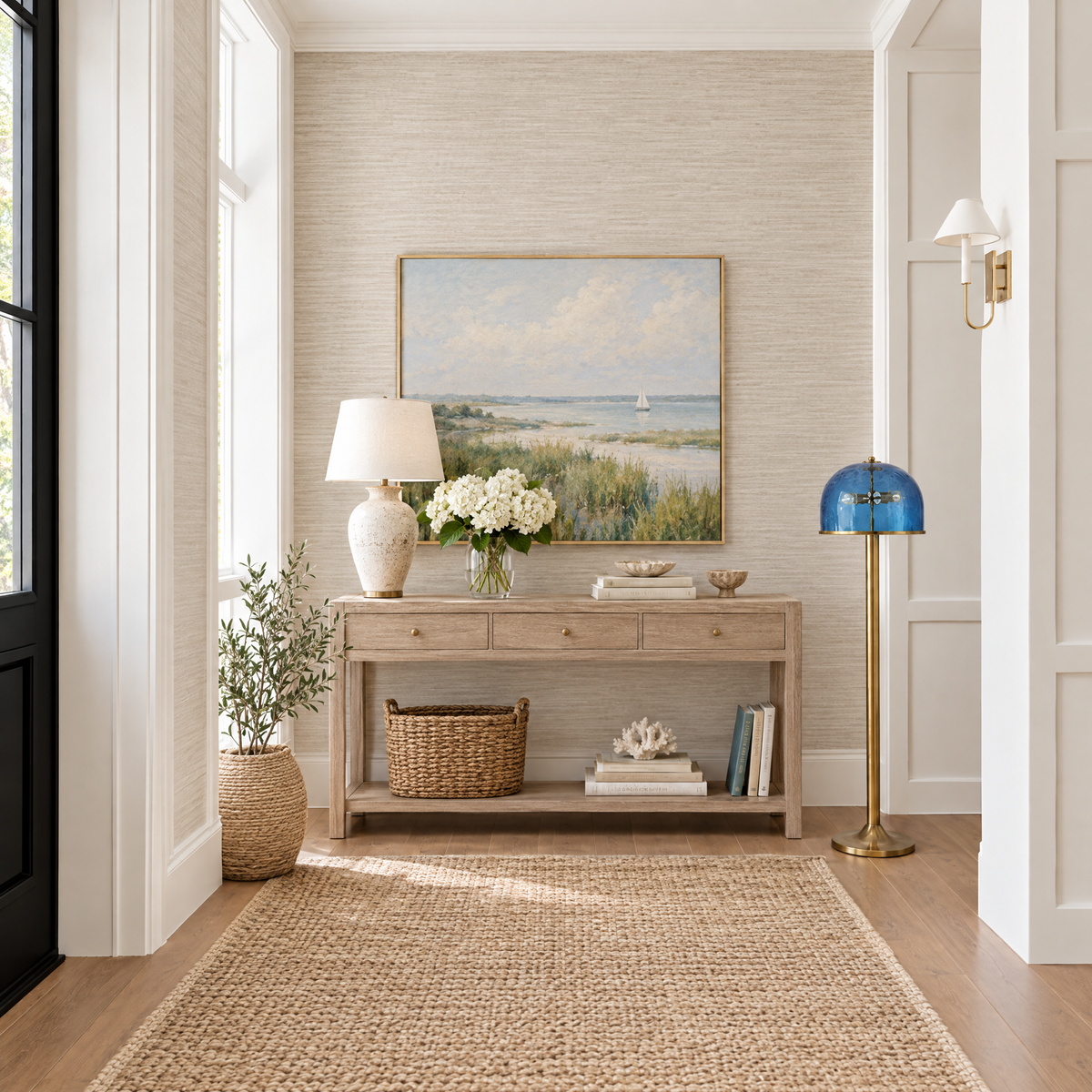 Blue Crackle Glass Dome Floor Lamp in a styled room setting