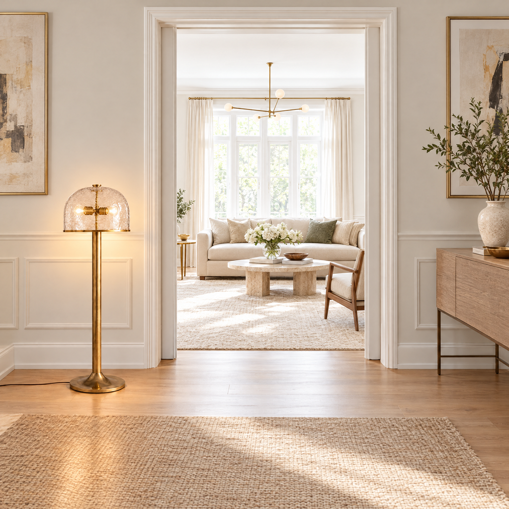 Clear Crackle Glass Dome Floor Lamp in a styled room setting