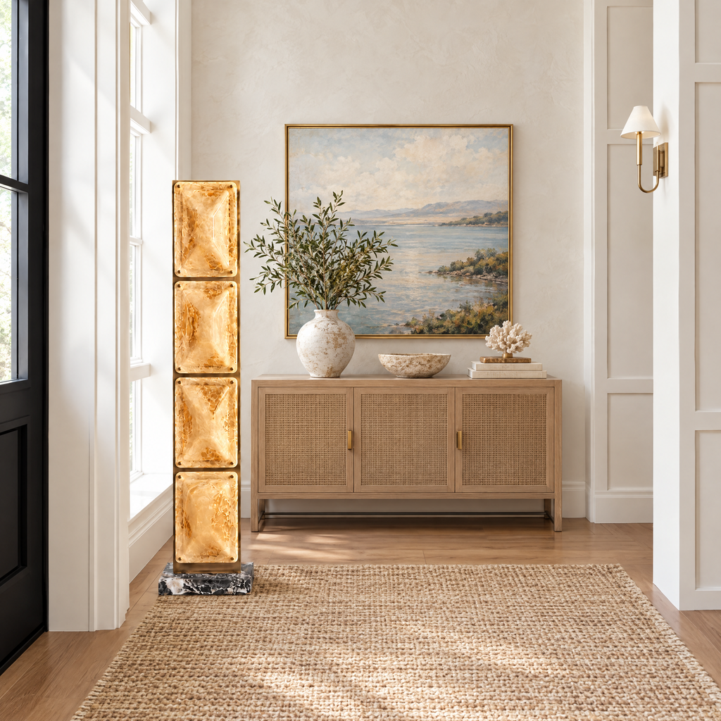 Amber Glass Panel Floor Lamp in a styled room setting