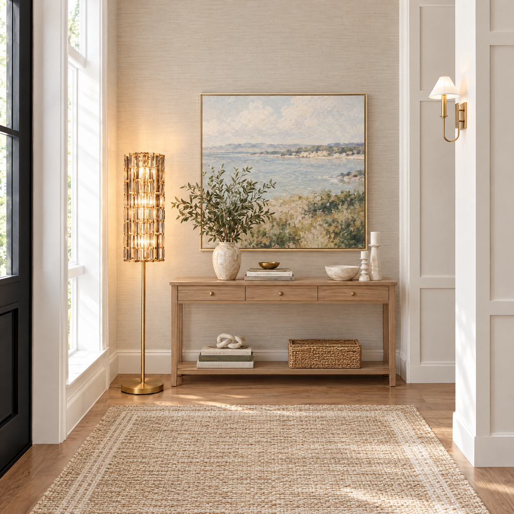 Clear Crystal Rod Floor Lamp with Gold Stem in a styled room setting