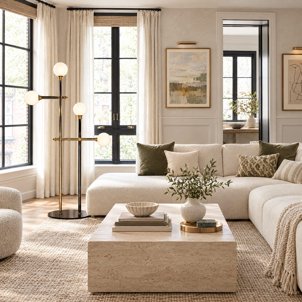 Opaline Globe Floor Lamp with Brass Arms in a styled room setting