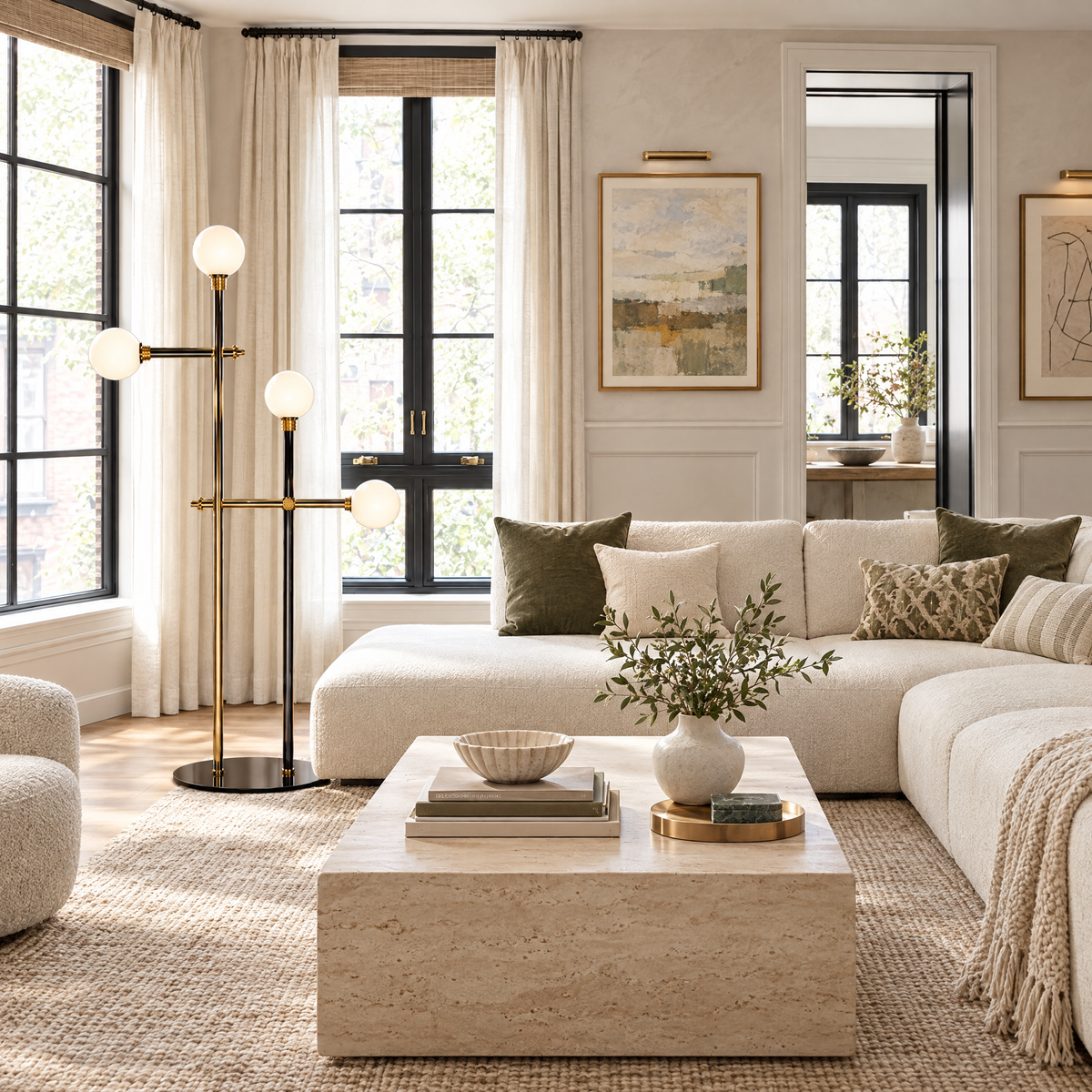 Opaline Globe Floor Lamp with Brass Arms in a styled room setting