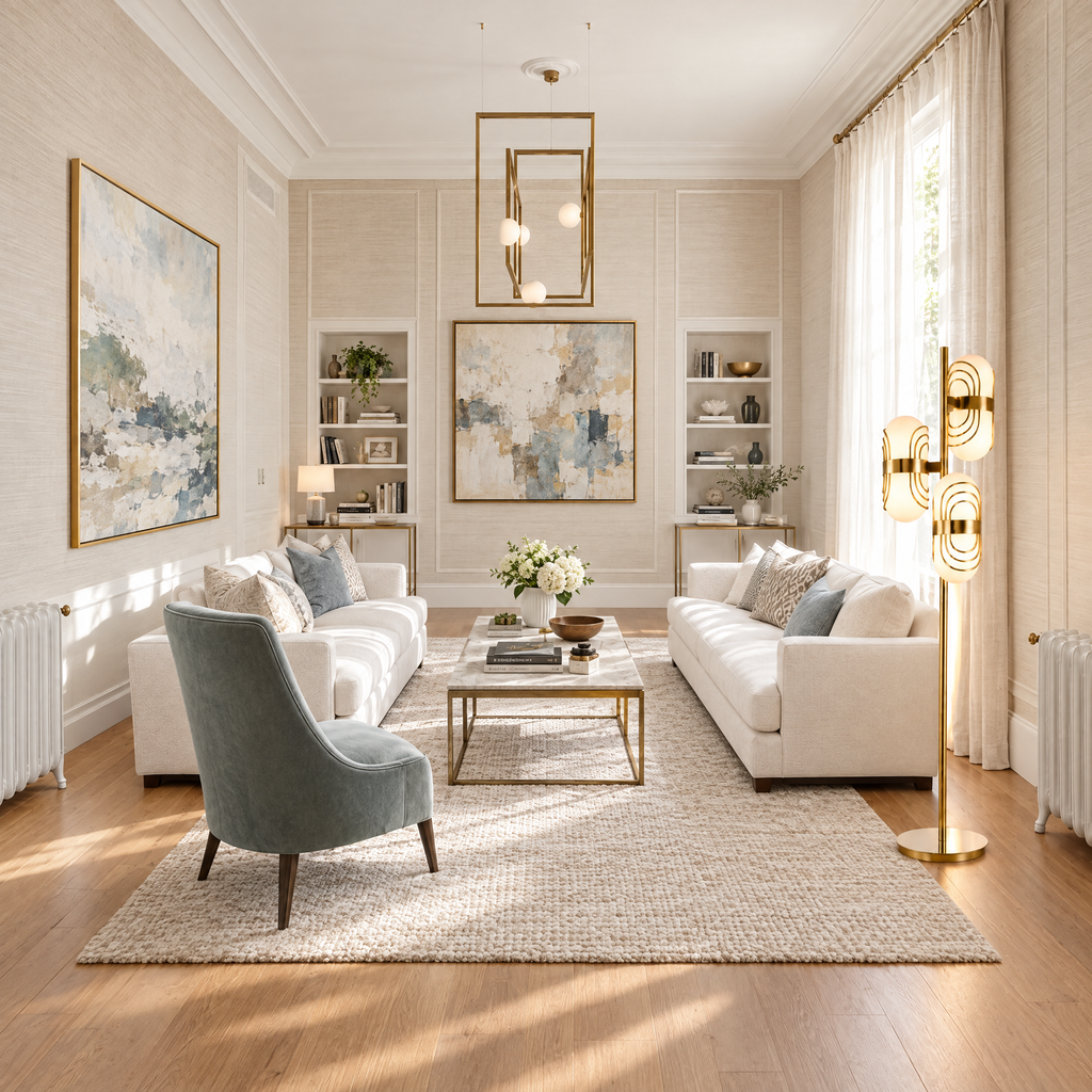 Brass Floor Lamp with Layered Glass Shades in a styled room setting