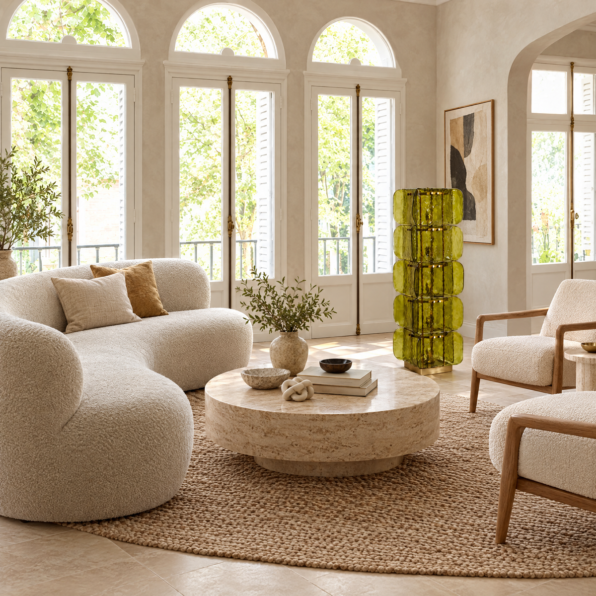 Green Hand-Blown Glass Tower Floor Lamp in a styled room setting