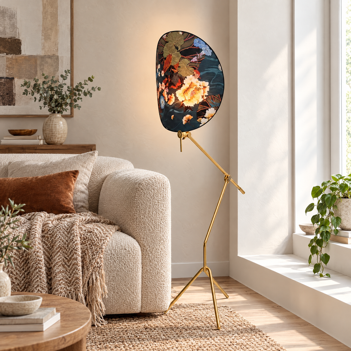 Painted Glass Shade Tripod Floor Lamp in a styled room setting