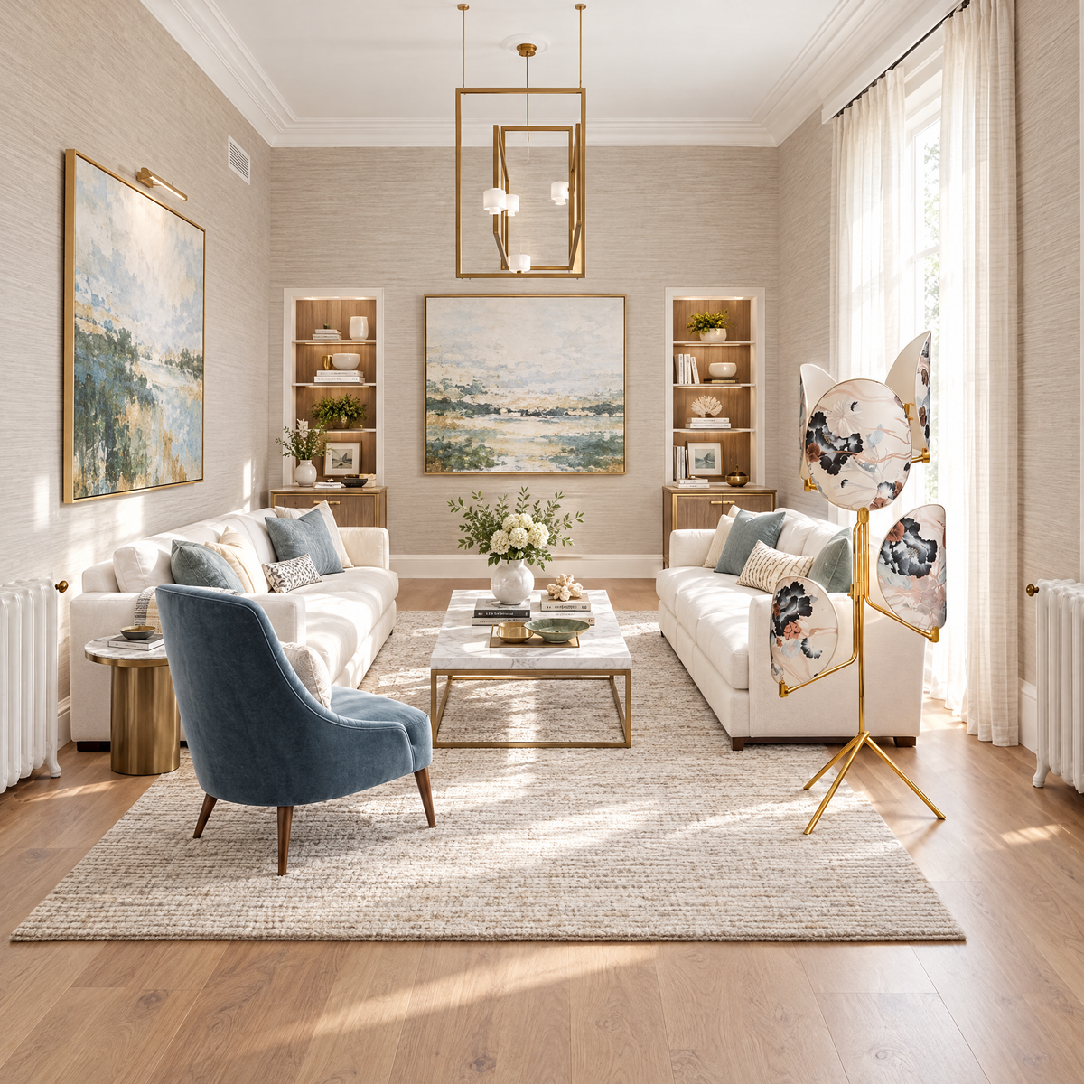 Botanical Glass Panel Tripod Floor Lamp in a styled room setting